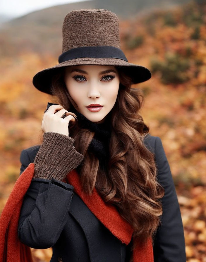 Woman with flowing brown hair, blue eyes, brown hat, black turtleneck, red scarf,