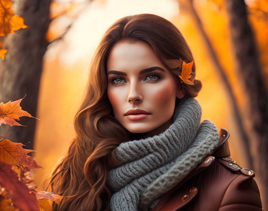 Woman with Long Hair in Autumn Setting with Leaves and Scarf