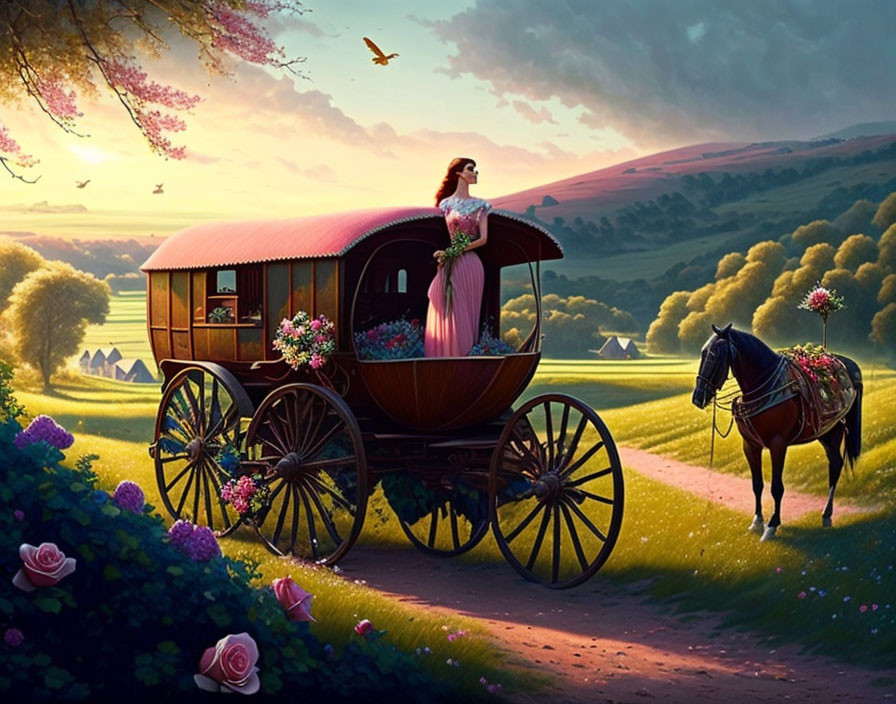 Woman in flower-adorned carriage surrounded by greenery and roses at twilight