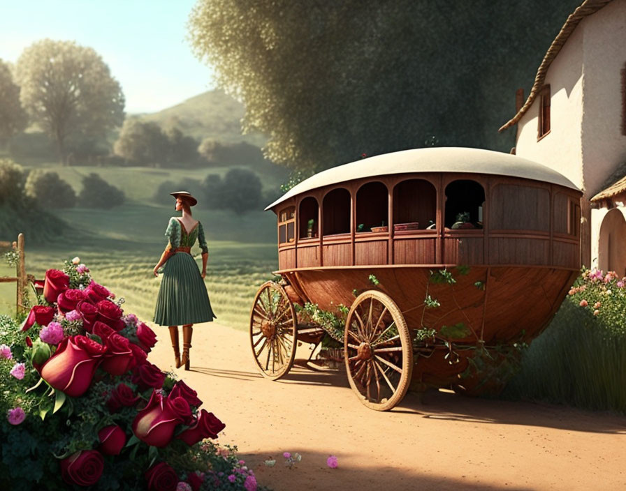 Vintage Horse-Drawn Carriage with Woman in Period Clothing and Flowers