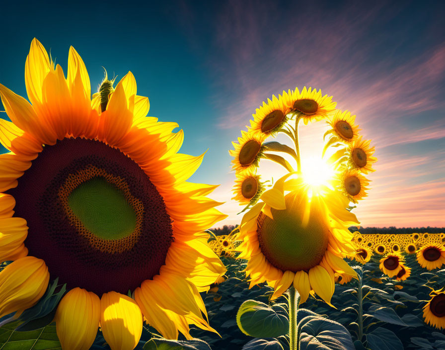 Sunflower field at sunset with golden light rays.