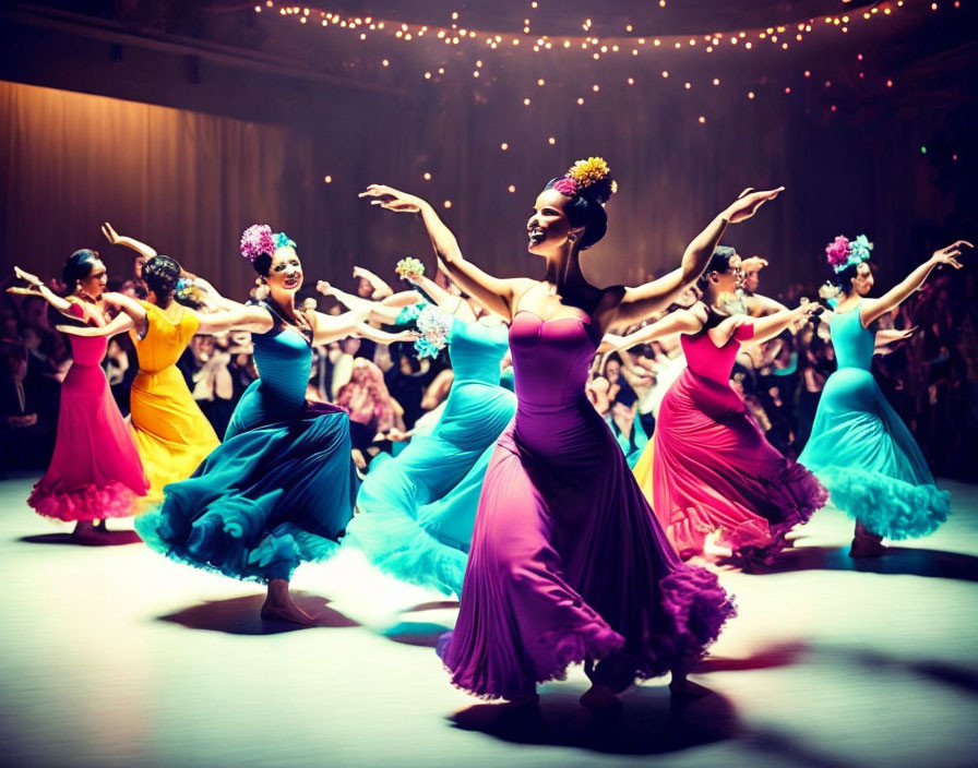 Colorful dress dancers perform under warm lights with hanging bulbs.