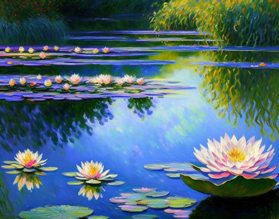 Pink and White Water Lilies Painting on Blue Pond