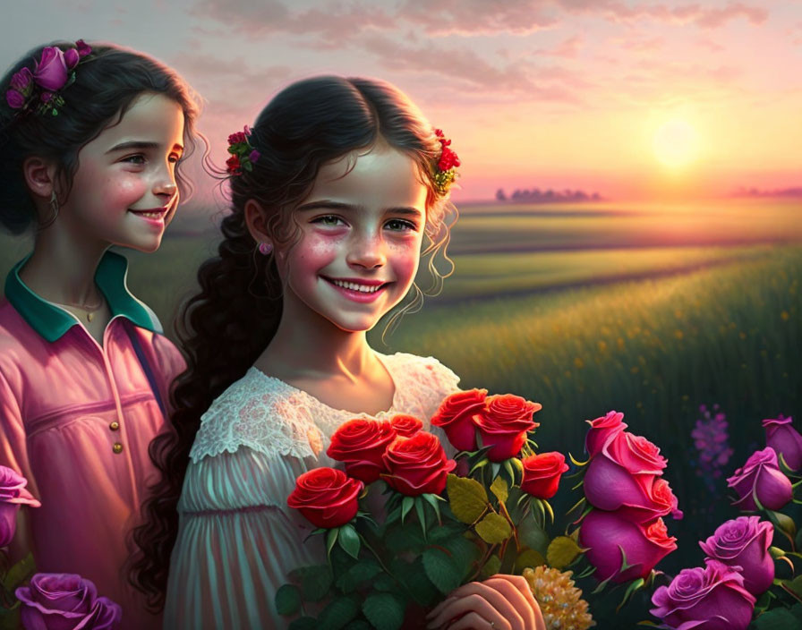 Smiling girls with roses in sunset field