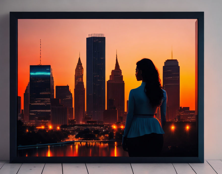 Silhouette of woman admiring cityscape at sunset on easel