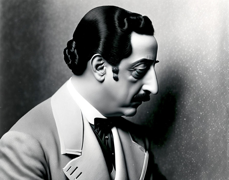 Vintage-style monochrome photo of man in suit with bow tie and mustache striking theatrical pose against styl