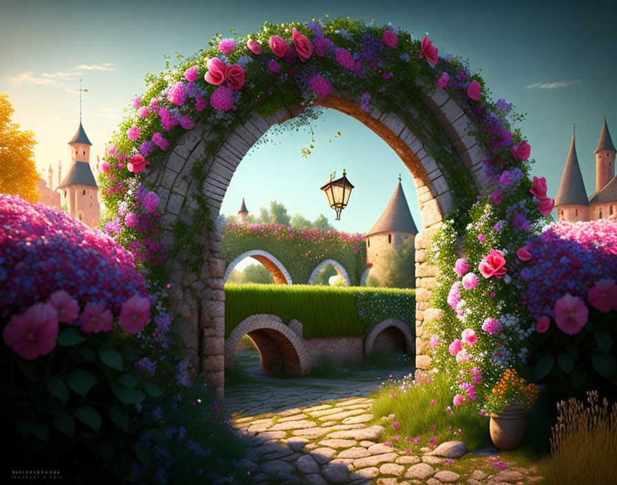 Pink flower garden archway, cobblestone path, green hedges, fairytale castle