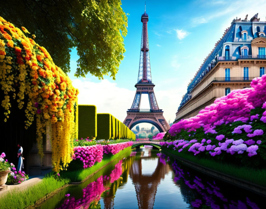 Colorful Flowers Along Canal with Eiffel Tower and Blue Sky