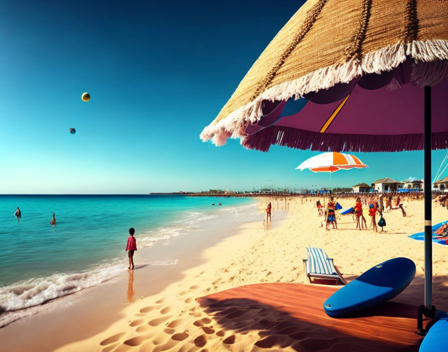 Colorful beach scene with people swimming and relaxing under umbrellas