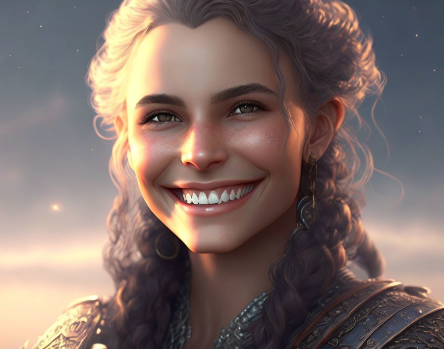 Smiling woman with braided hair in armor on glowing backdrop