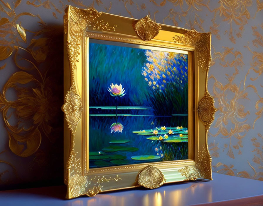 Impressionist water lilies painting in gilded ornate frame