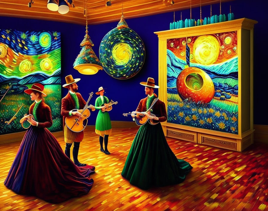 Colorful art gallery showcasing "Starry Night" theme with animated musicians in period attire playing string instruments