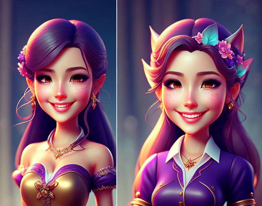 Stylized illustrations: Female character with purple hair, elf ears, and floral accessories smiling