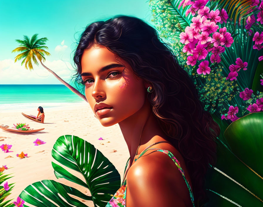 Dark-haired woman with tanned skin, pink flowers, and beach scene with hammock.