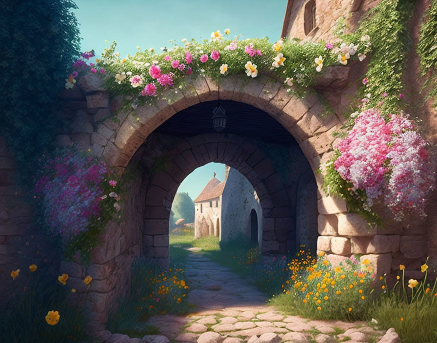 Stone Archway Covered in Flowers Leading to Quaint Village