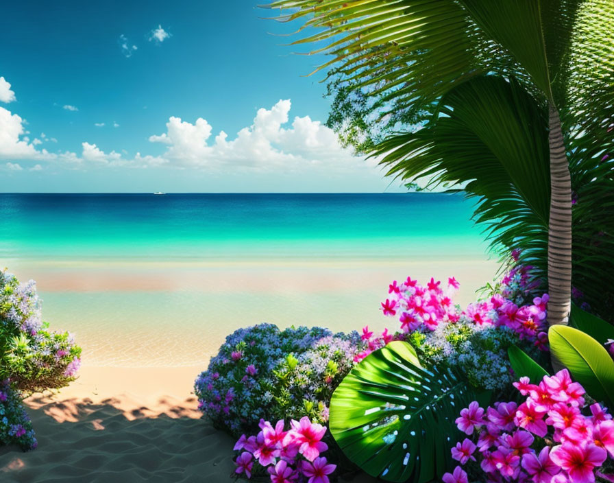 Scenic Tropical Beach with Blue Sky, Turquoise Water, White Sand, Pink Flowers, Green F