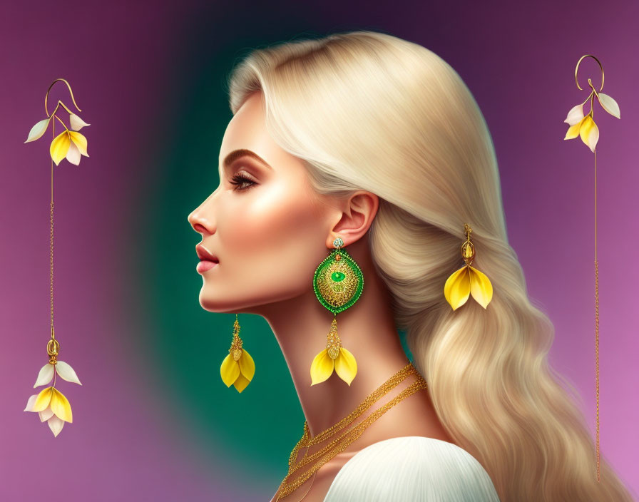 Blonde Woman with Green Earrings & Gold Necklace on Purple Background