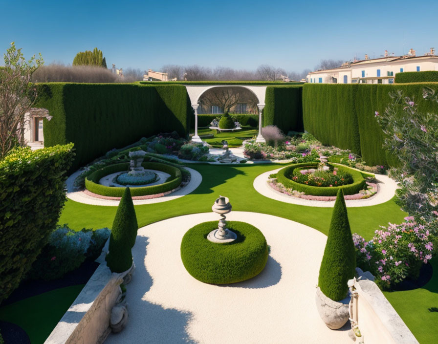 Symmetrical topiaries, circular flower beds, fountains, hedges, archway in formal