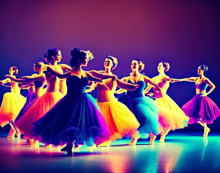 Colorful ballet dancers in vibrant tutus on stage with dramatic lighting