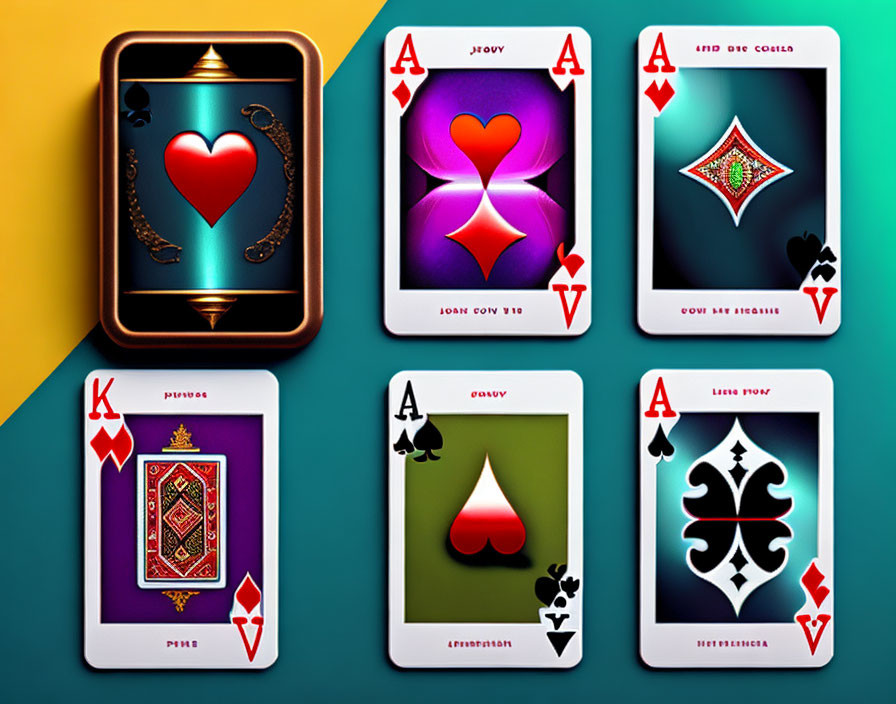 Artistic Playing Cards Arrangement on Teal and Mustard Background