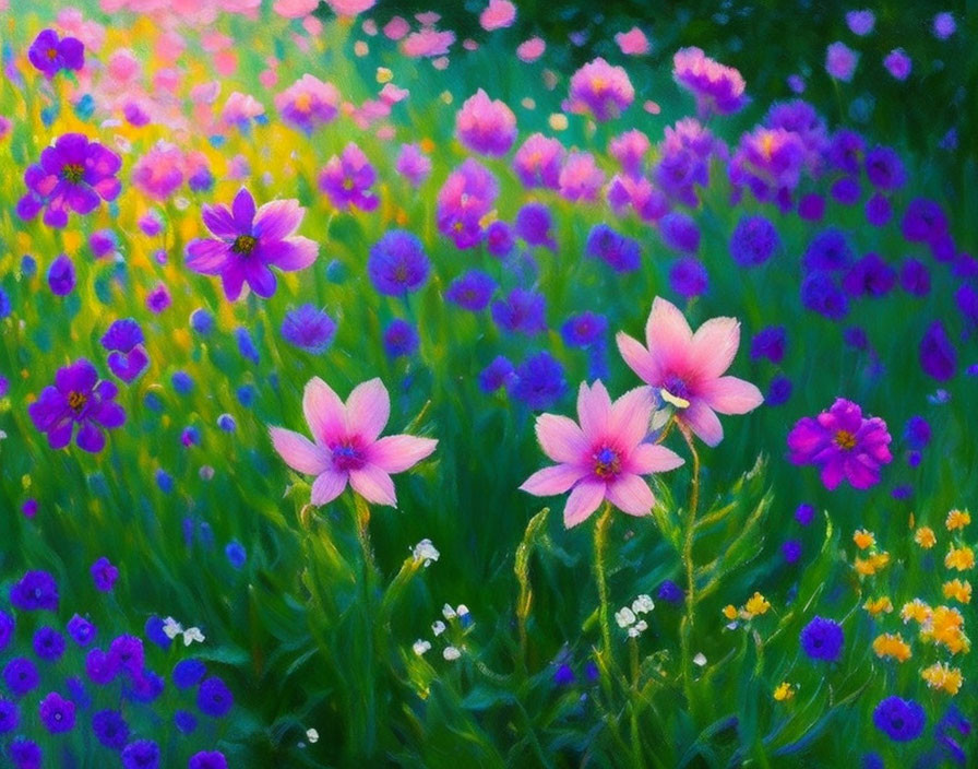 Lush pink and purple flower field under soft sunlight