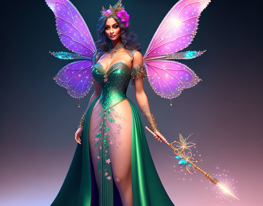 Digital artwork: Woman as fairy with iridescent wings and wand in green and purple costume