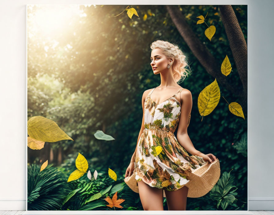 Woman in floral dress in sunlit garden with autumn leaves.