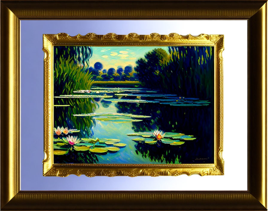 Tranquil pond with water lilies in a framed painting