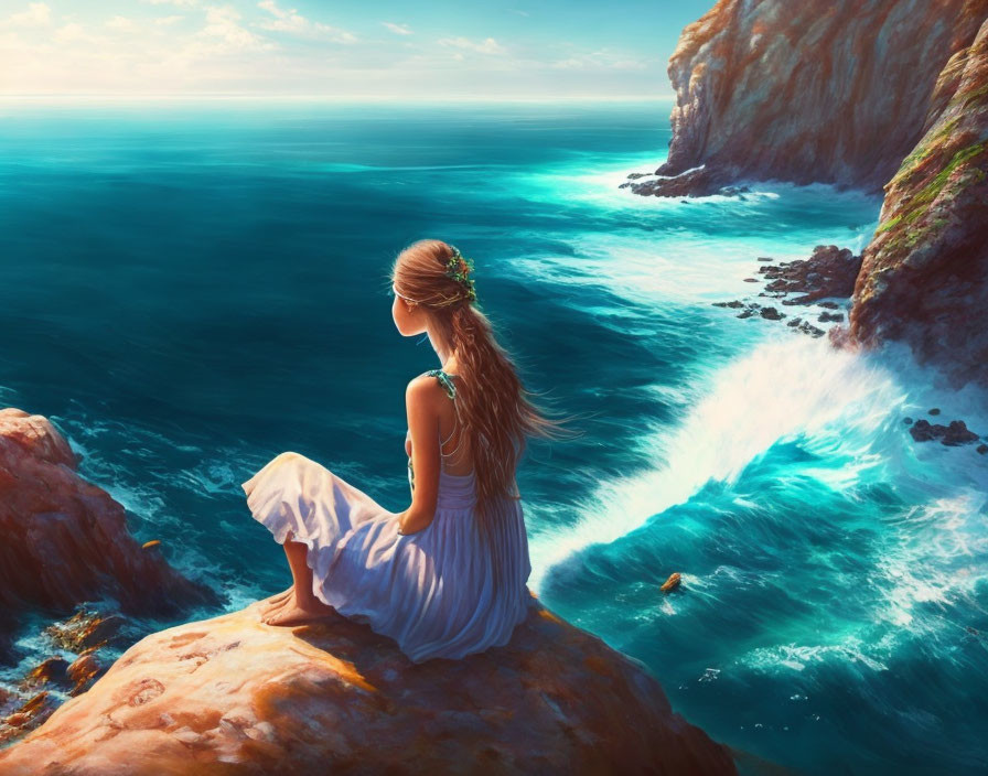 Woman in white dress gazes at serene blue sea from cliff