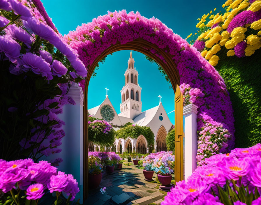 Floral Archway Frames White Church in Lush Garden