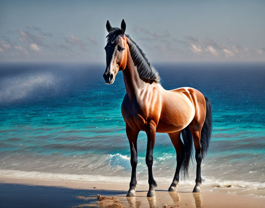 Majestic bay horse on sandy beach with turquoise sea and clear sky