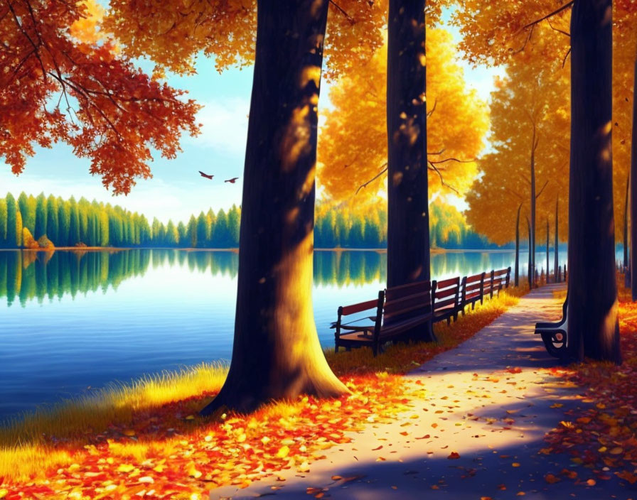 Tranquil autumn lake with golden trees, bench, and flying bird