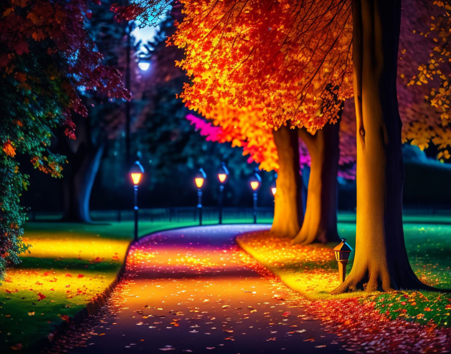 Tranquil Twilight Park Path with Autumn Leaves and Glowing Lamps