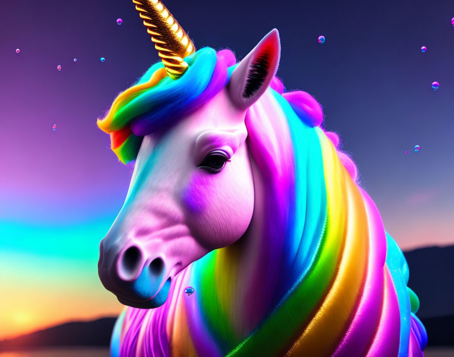 Colorful Unicorn with Golden Horn & Rainbow Mane in Twilight Sky