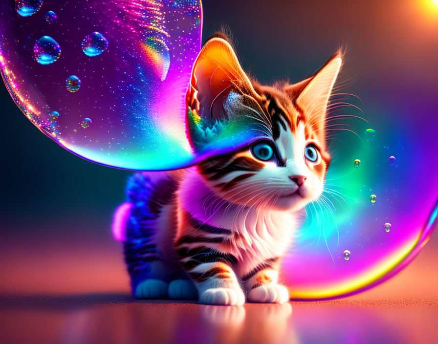 Colorful digital artwork of a curious kitten with wide eyes and bubbles on neon background