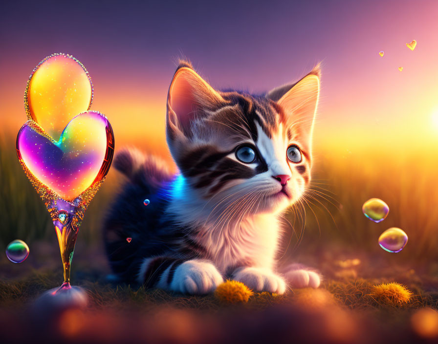 Kitten observing heart-shaped bubble in sunset field