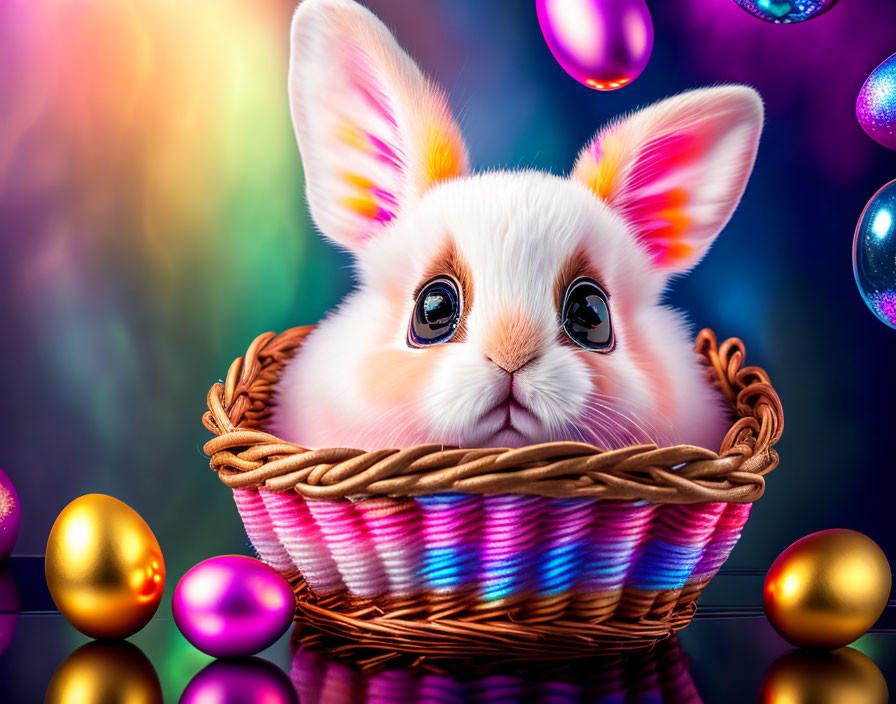 Adorable Bunny in Pink Ears with Easter Eggs Basket