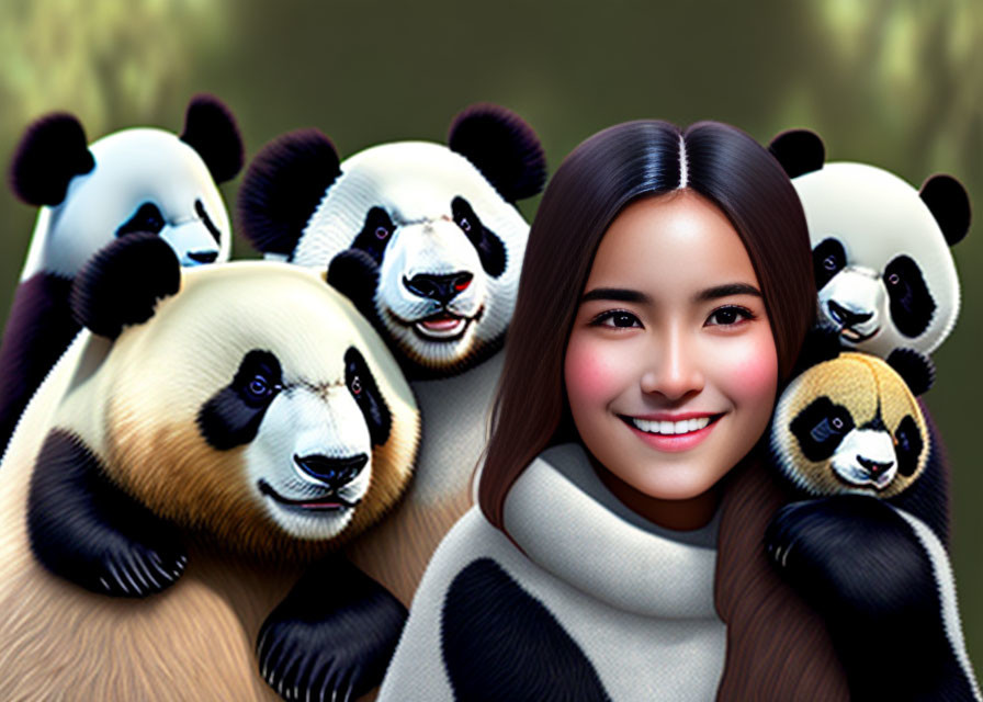 Smiling woman with friendly pandas on green background