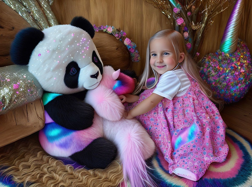 Young girl in pink dress hugging colorful plush panda in vibrant room