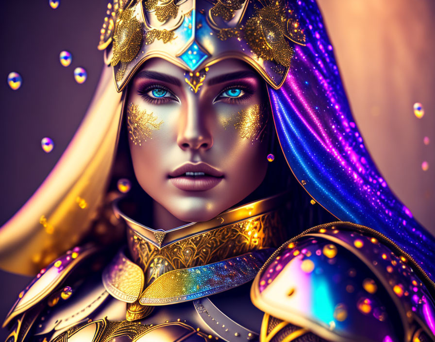 Fantasy female character in ornate golden armor on purple background