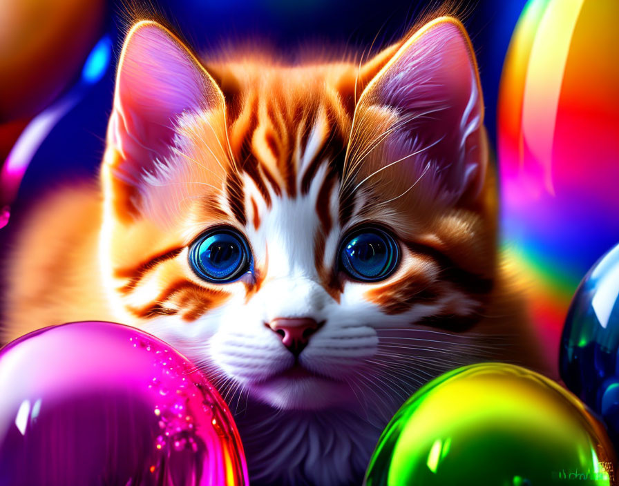 Colorful digital artwork: Orange and white kitten with blue eyes and shiny balloons