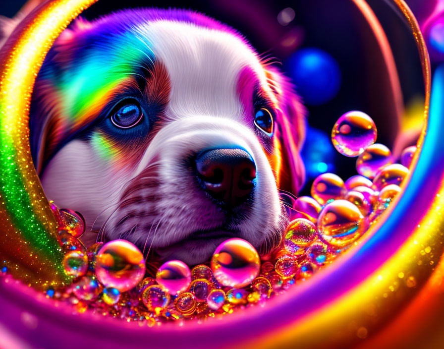 Hyperrealistic Puppy Image with Iridescent Bubbles and Rainbow Swirls