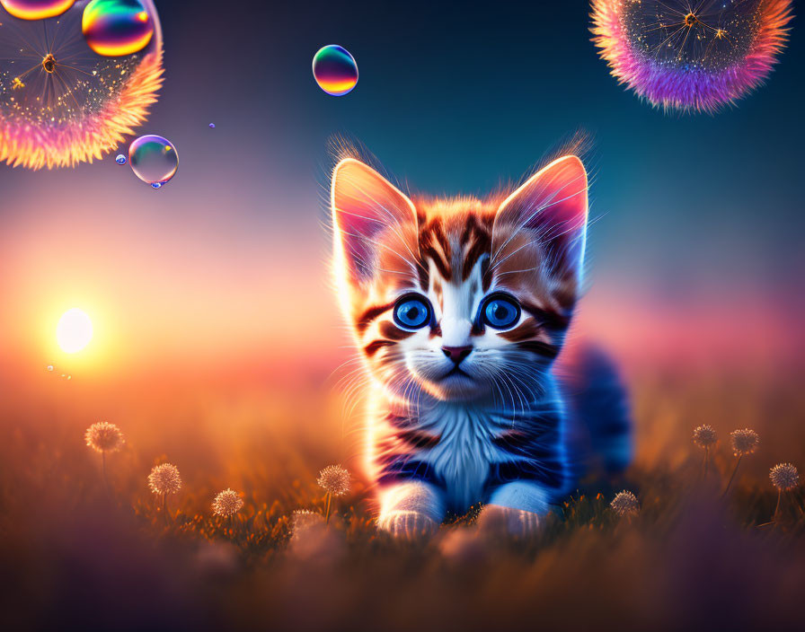 Adorable kitten in colorful meadow at sunset