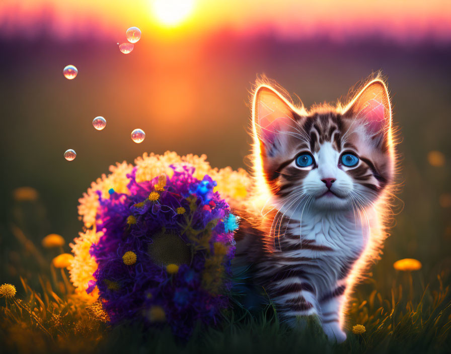 Fluffy kitten with unique markings in field at sunset