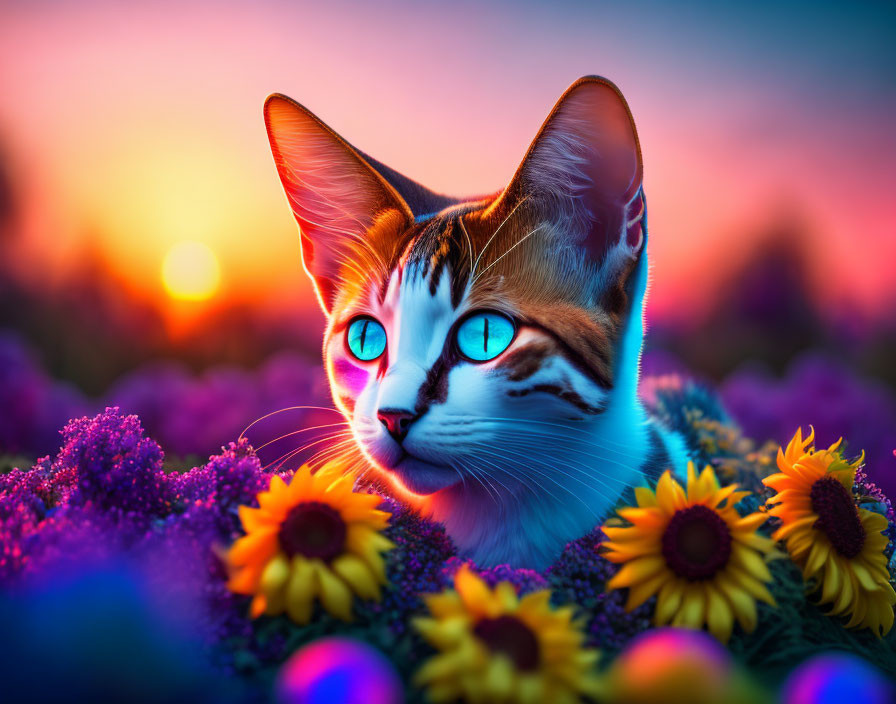 Colorful Cat with Blue Eyes Among Purple and Sunflowers at Sunset