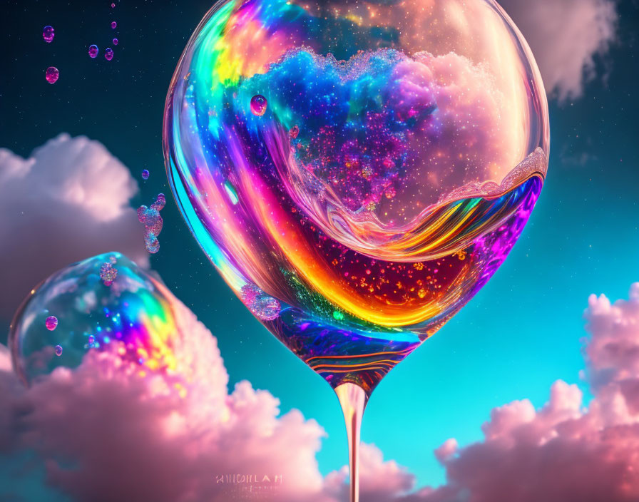 Colorful cosmic bubbles in fluffy cloud sky art.