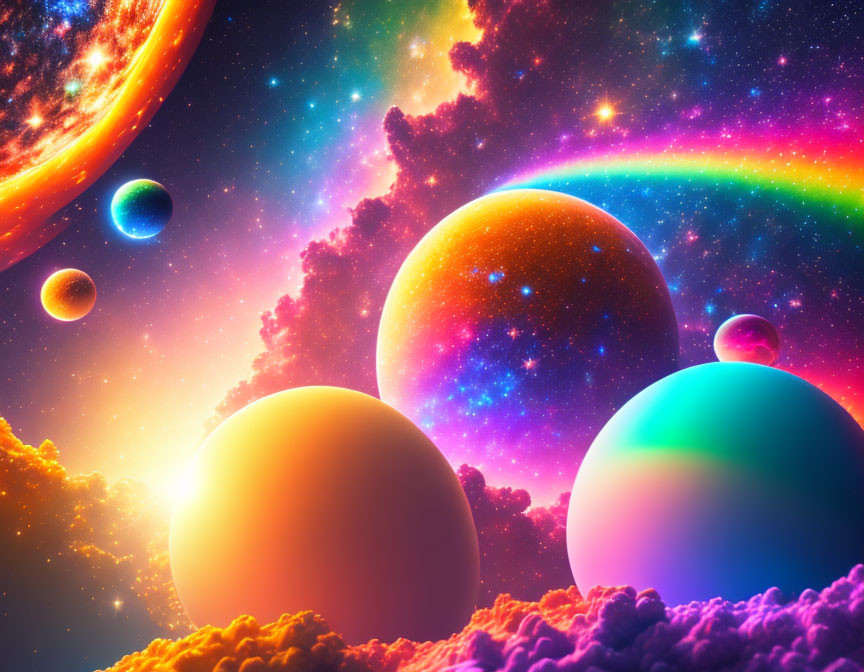 Colorful Planets, Rainbow Arc, Stars, and Fiery Sun in Cosmic Scene