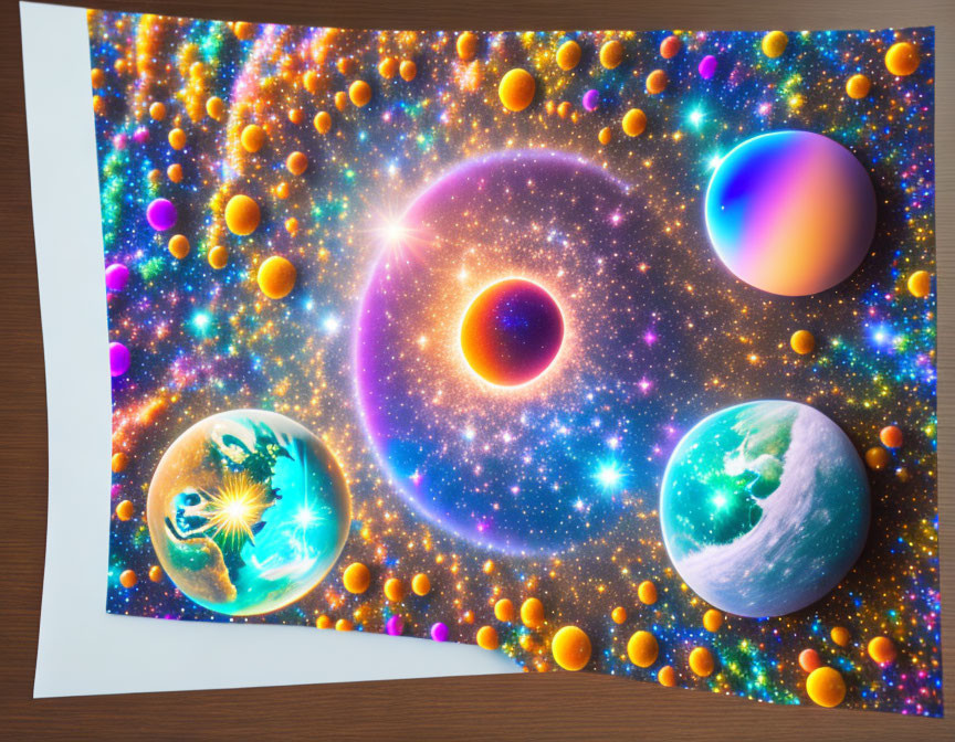 Colorful cosmic illustration: planets, black hole, orbs on paper