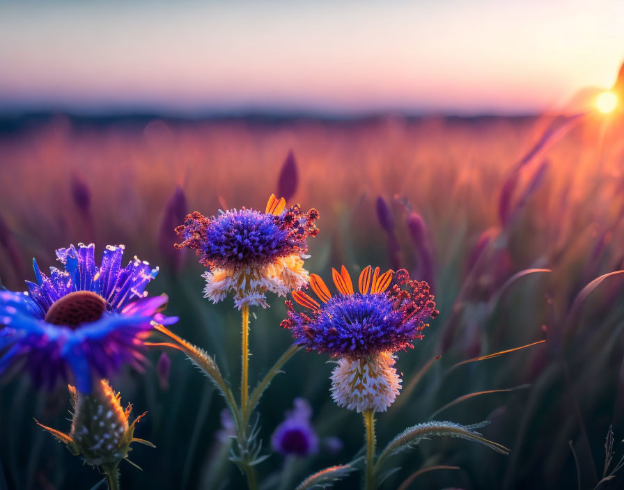 Sunset wildflowers in field with warm sunlight and soft focus grassy background