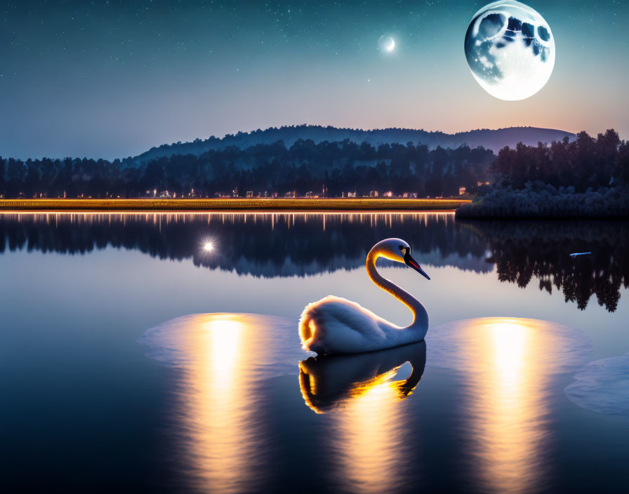 Swan gliding on tranquil lake under starry night sky